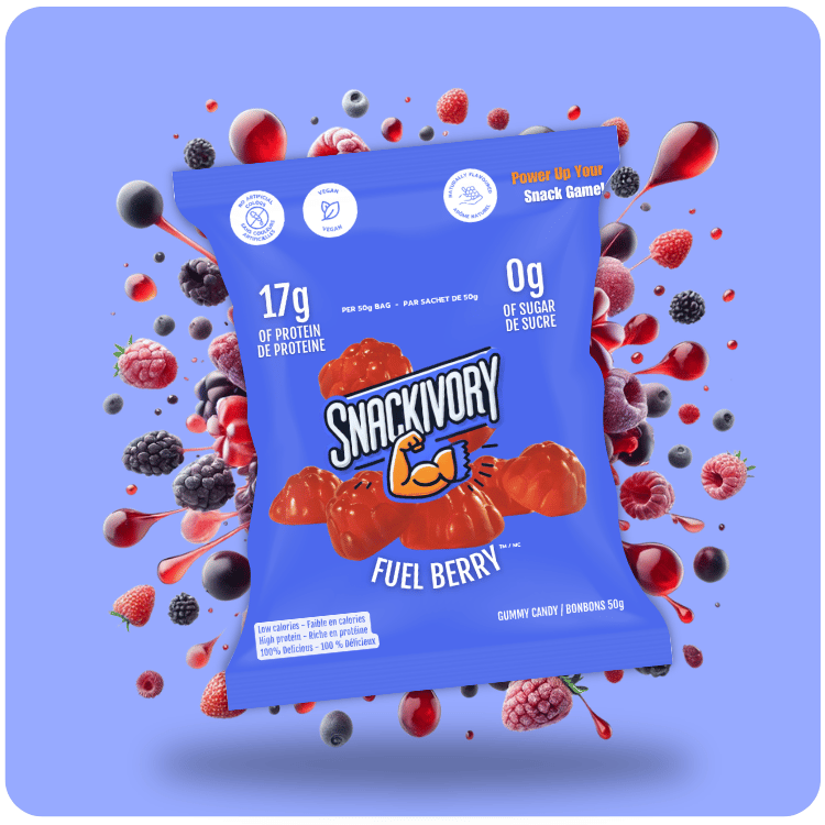 Snackivory Fuel Berry gummy candy package with colorful berry graphics on a blue background vegan protein candy 